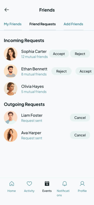 Friends and requests screen